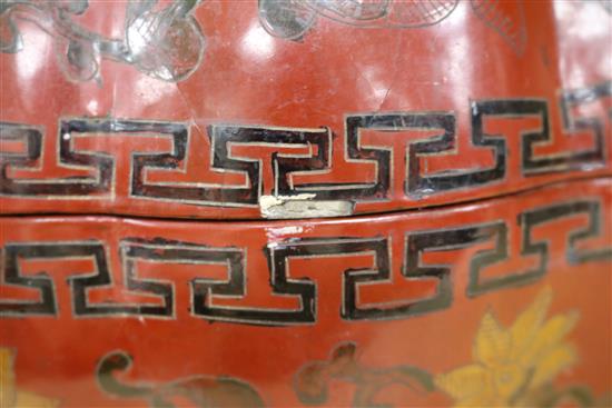 A Chinese lacquer pumpkin shaped box and cover